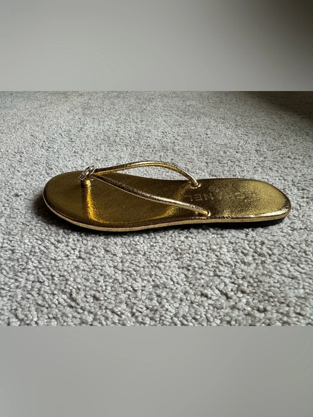 26S Chanel Thong Sandals, Laminated Gold Calfskin, Size 38